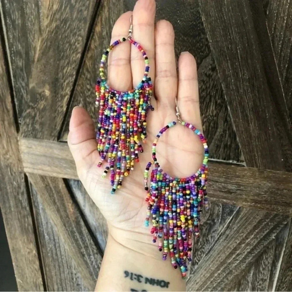 Handmade Gorgeous Rainbow Big Hoop Tasseled Beaded Earrings NWT - Picture 1 of 4